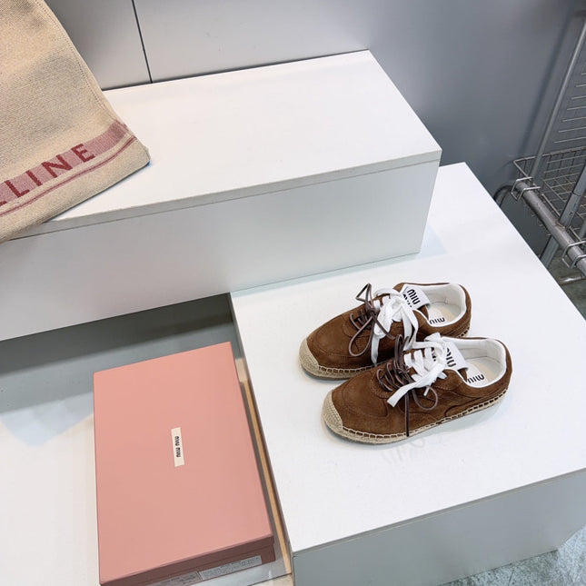 MIUMIU 26S LACE UP ESPADRILLE SNEAKERS IN DARK BROWN SUEDE ROPE SOLE
