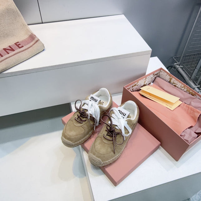 MIUMIU 26S LACE UP ESPADRILLE SNEAKERS IN LIGHT BROWN SUEDE ROPE SOLE
