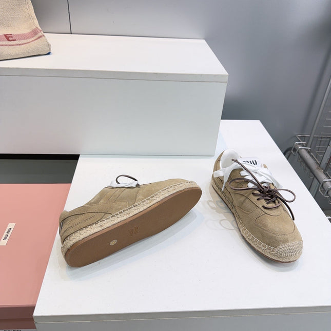 MIUMIU 26S LACE UP ESPADRILLE SNEAKERS IN LIGHT BROWN SUEDE ROPE SOLE