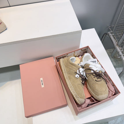 MIUMIU 26S LACE UP ESPADRILLE SNEAKERS IN LIGHT BROWN SUEDE ROPE SOLE
