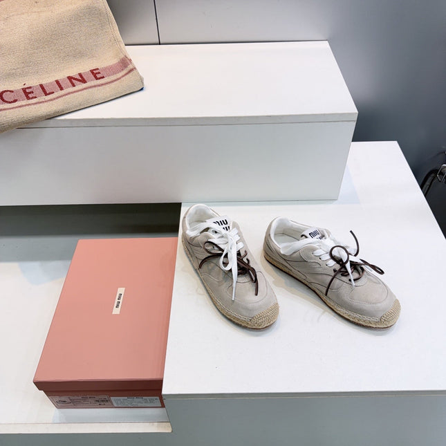 MIUMIU 26S LACE UP ESPADRILLE SNEAKERS IN LIGHT GREY SUEDE ROPE SOLE