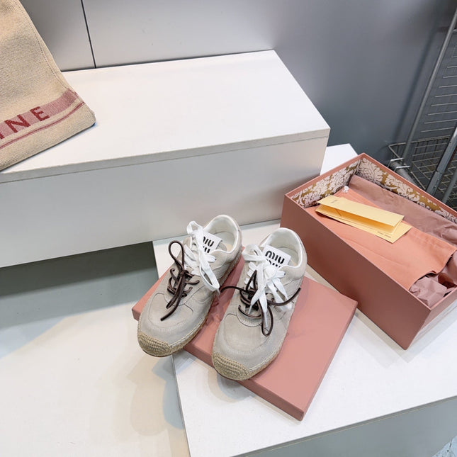 MIUMIU 26S LACE UP ESPADRILLE SNEAKERS IN LIGHT GREY SUEDE ROPE SOLE