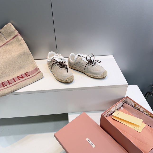 MIUMIU 26S LACE UP ESPADRILLE SNEAKERS IN LIGHT GREY SUEDE ROPE SOLE