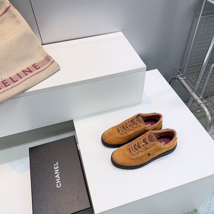 CHANEL 26S GUM SOLE SNEAKERS IN MUSTARD BROWN SUEDE