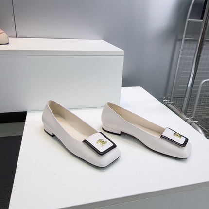 CHANEL 26S SQUARE-TOE BALLET FLATS IN WHITE WITH BLACK TRIM LAMBSKIN