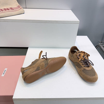 MIUMIU 26S SNEAKERS IN CARAMEL BROWN MESH AND SUEDE