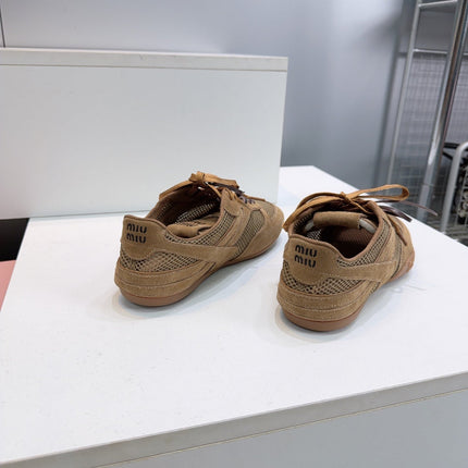 MIUMIU 26S SNEAKERS IN CARAMEL BROWN MESH AND SUEDE
