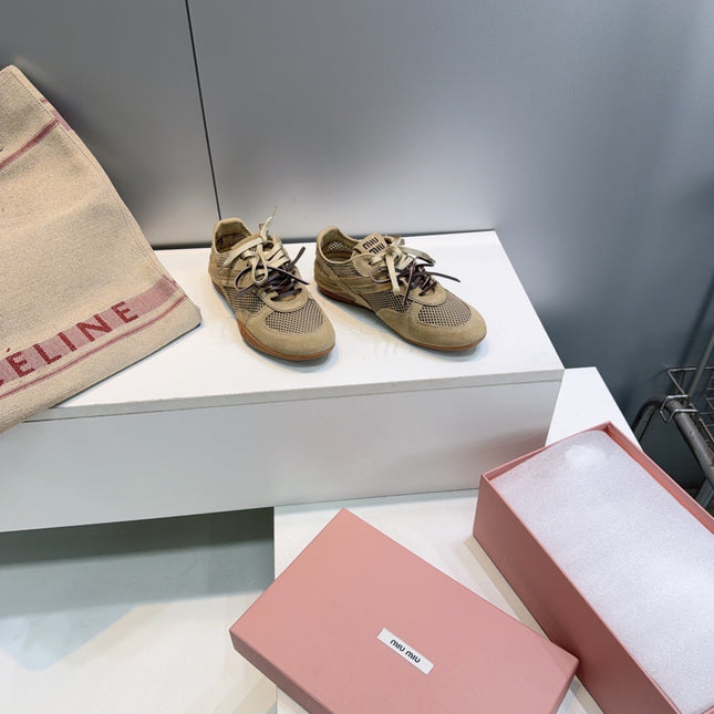 MIUMIU 26S SNEAKERS IN OLIVE BROWN MESH AND SUEDE