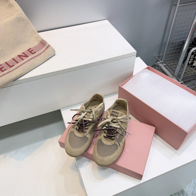 MIUMIU 26S SNEAKERS IN OLIVE BROWN MESH AND SUEDE