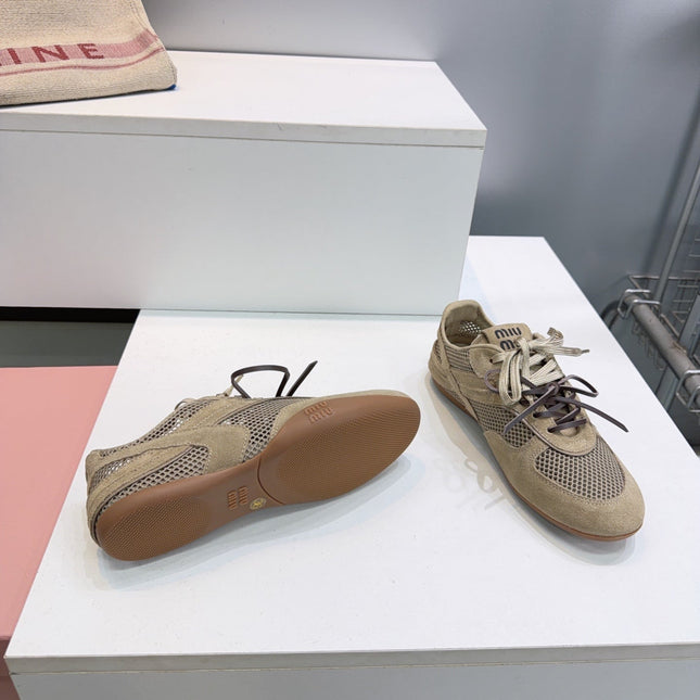 MIUMIU 26S SNEAKERS IN OLIVE BROWN MESH AND SUEDE