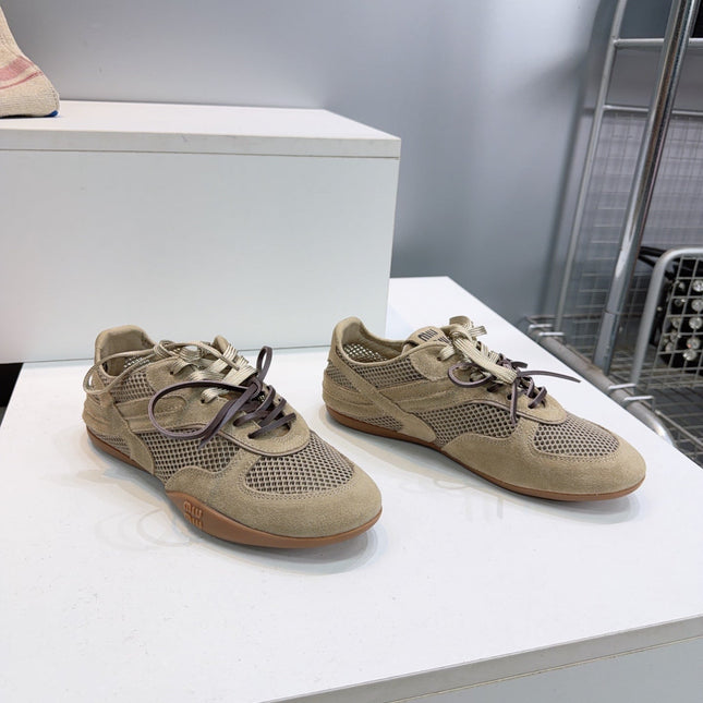 MIUMIU 26S SNEAKERS IN OLIVE BROWN MESH AND SUEDE