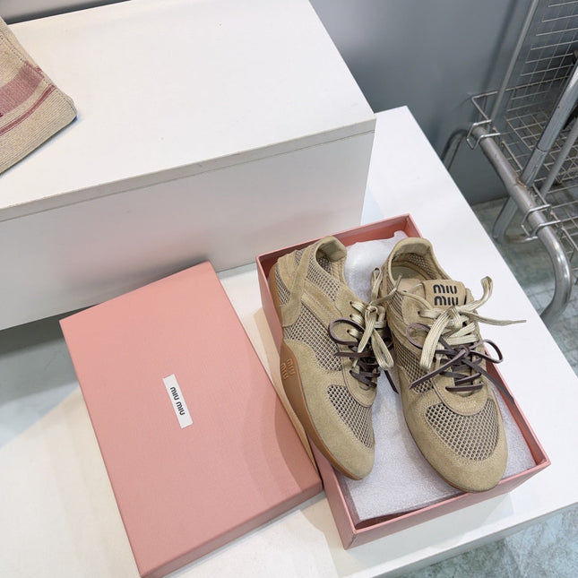 MIUMIU 26S SNEAKERS IN OLIVE BROWN MESH AND SUEDE