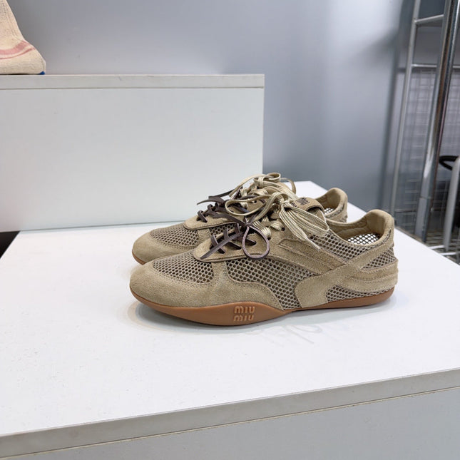 MIUMIU 26S SNEAKERS IN OLIVE BROWN MESH AND SUEDE