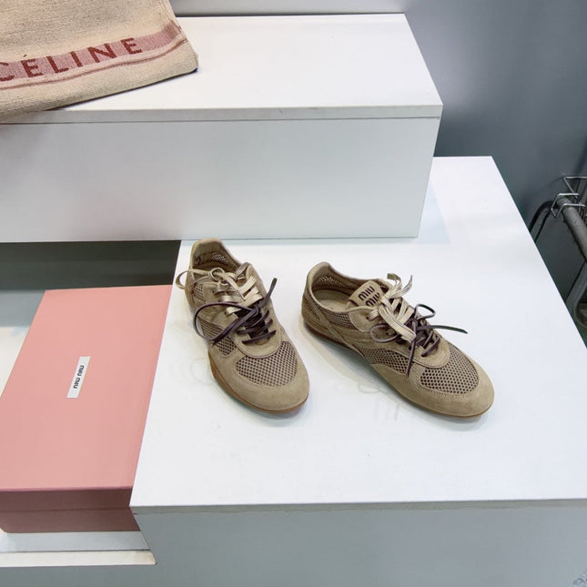 MIUMIU 26S SNEAKERS IN OLIVE BROWN MESH AND SUEDE