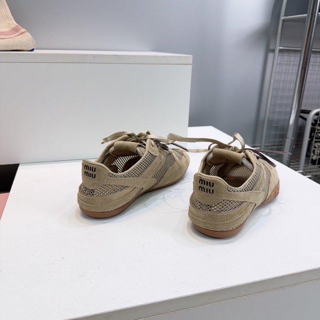 MIUMIU 26S SNEAKERS IN OLIVE BROWN MESH AND SUEDE