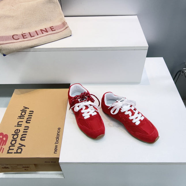 MIUMIU 26S NEW BALANCE SNEAKERS IN DARK RED SUEDE & FABRIC