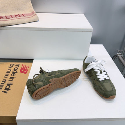 MIUMIU 26S NEW BALANCE SNEAKERS IN OLIVE GREEN SUEDE & FABRIC