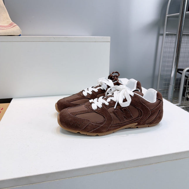 MIUMIU 26S NEW BALANCE SNEAKERS IN DARK BROWN SUEDE & FABRIC