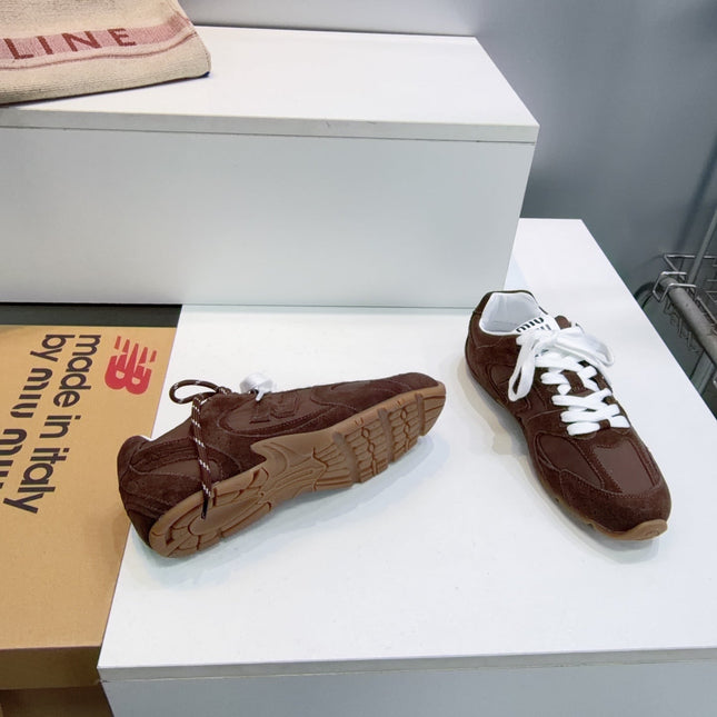 MIUMIU 26S NEW BALANCE SNEAKERS IN DARK BROWN SUEDE & FABRIC