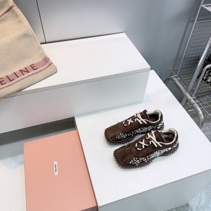 MIUMIU 26S SNEAKERS IN DARK BROWN FABRIC AND SUEDE CRYSTAL EMBELLISHED
