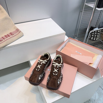 MIUMIU 26S SNEAKERS IN DARK BROWN FABRIC AND SUEDE CRYSTAL EMBELLISHED