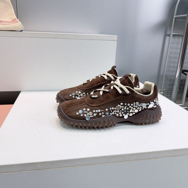 MIUMIU 26S SNEAKERS IN DARK BROWN FABRIC AND SUEDE CRYSTAL EMBELLISHED