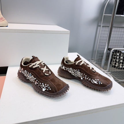 MIUMIU 26S SNEAKERS IN DARK BROWN FABRIC AND SUEDE CRYSTAL EMBELLISHED