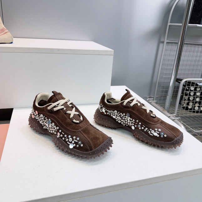 MIUMIU 26S SNEAKERS IN DARK BROWN FABRIC AND SUEDE CRYSTAL EMBELLISHED