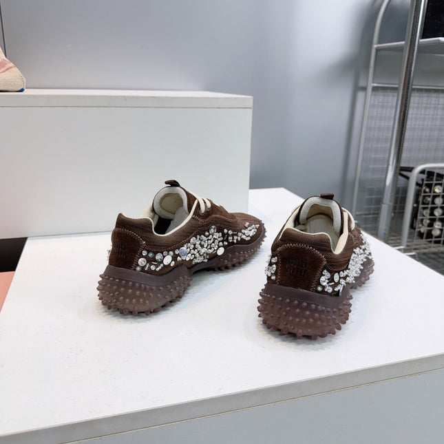 MIUMIU 26S SNEAKERS IN DARK BROWN FABRIC AND SUEDE CRYSTAL EMBELLISHED