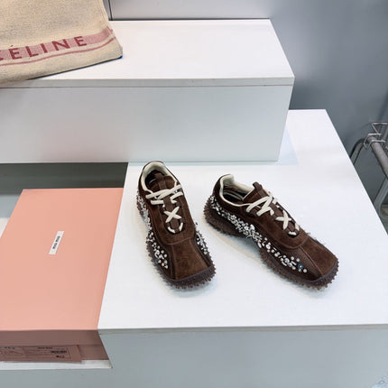 MIUMIU 26S SNEAKERS IN DARK BROWN FABRIC AND SUEDE CRYSTAL EMBELLISHED