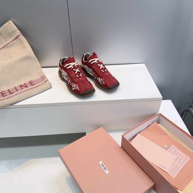 MIUMIU 26S SNEAKERS IN DARK RED FABRIC AND SUEDE CRYSTAL EMBELLISHED