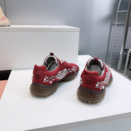 MIUMIU 26S SNEAKERS IN DARK RED FABRIC AND SUEDE CRYSTAL EMBELLISHED