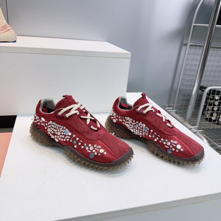 MIUMIU 26S SNEAKERS IN DARK RED FABRIC AND SUEDE CRYSTAL EMBELLISHED