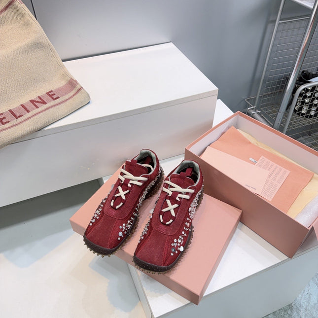 MIUMIU 26S SNEAKERS IN DARK RED FABRIC AND SUEDE CRYSTAL EMBELLISHED