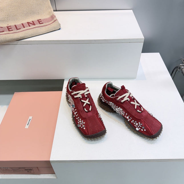 MIUMIU 26S SNEAKERS IN DARK RED FABRIC AND SUEDE CRYSTAL EMBELLISHED