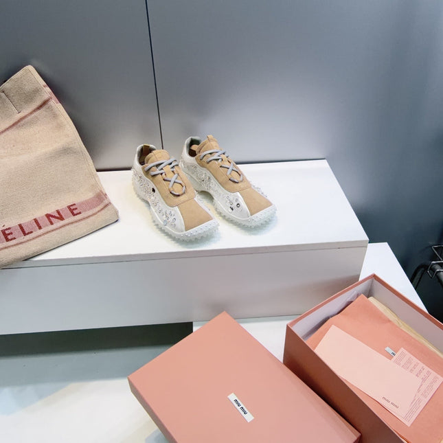 MIUMIU 26S SNEAKERS IN WHITE FABRIC AND BROWN SUEDE CRYSTAL EMBELLISHED