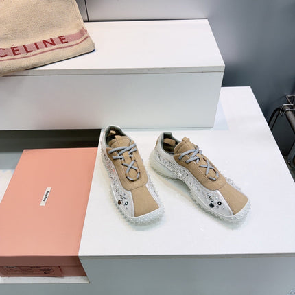 MIUMIU 26S SNEAKERS IN WHITE FABRIC AND BROWN SUEDE CRYSTAL EMBELLISHED