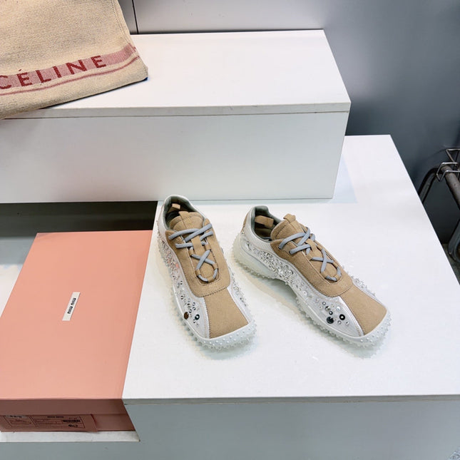 MIUMIU 26S SNEAKERS IN WHITE FABRIC AND BROWN SUEDE CRYSTAL EMBELLISHED
