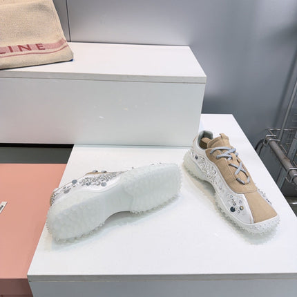 MIUMIU 26S SNEAKERS IN WHITE FABRIC AND BROWN SUEDE CRYSTAL EMBELLISHED