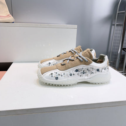 MIUMIU 26S SNEAKERS IN WHITE FABRIC AND BROWN SUEDE CRYSTAL EMBELLISHED