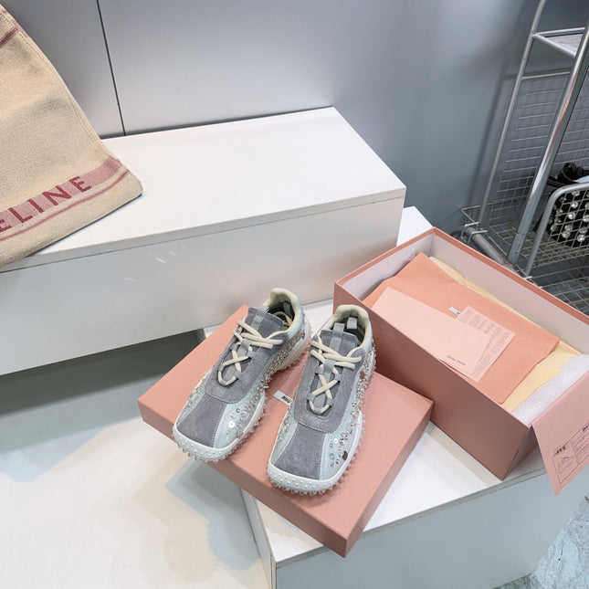 MIUMIU 26S SNEAKERS IN LIGHT GREY FABRIC AND SUEDE CRYSTAL EMBELLISHED