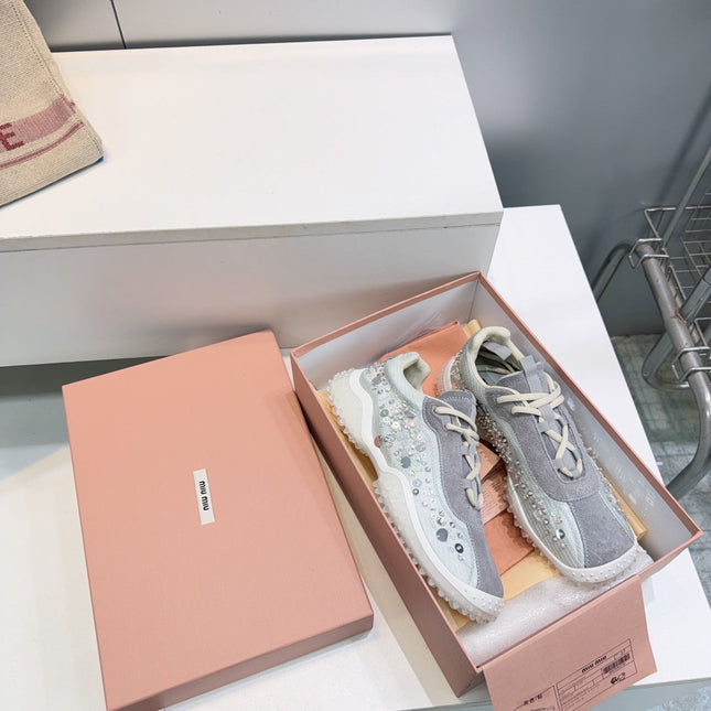 MIUMIU 26S SNEAKERS IN LIGHT GREY FABRIC AND SUEDE CRYSTAL EMBELLISHED