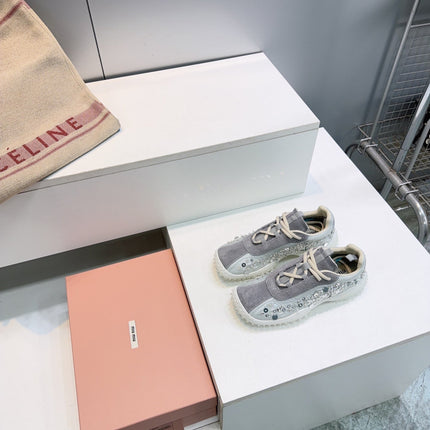 MIUMIU 26S SNEAKERS IN LIGHT GREY FABRIC AND SUEDE CRYSTAL EMBELLISHED