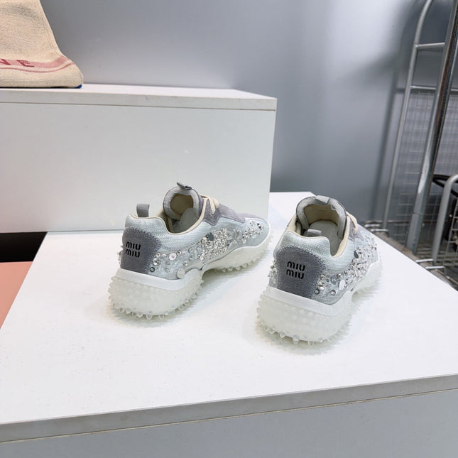 MIUMIU 26S SNEAKERS IN LIGHT GREY FABRIC AND SUEDE CRYSTAL EMBELLISHED