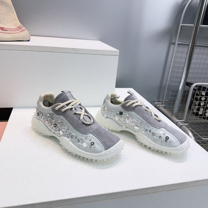 MIUMIU 26S SNEAKERS IN LIGHT GREY FABRIC AND SUEDE CRYSTAL EMBELLISHED