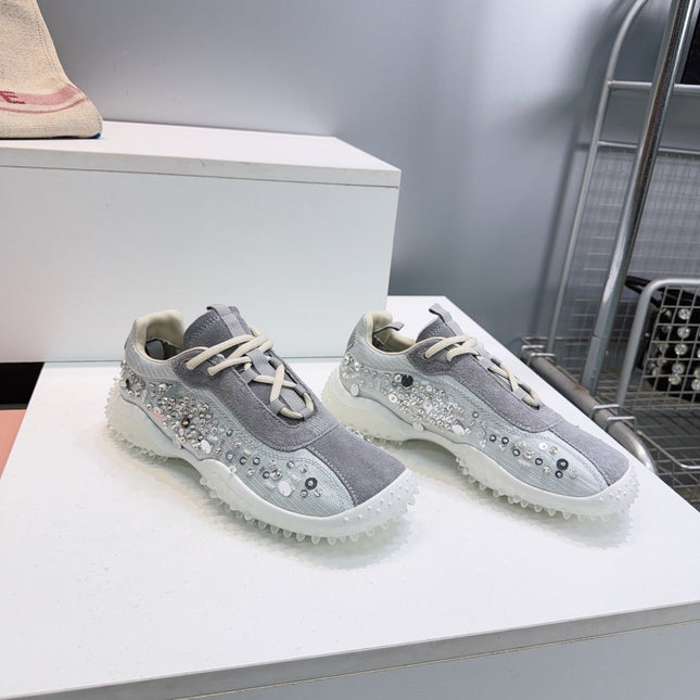 MIUMIU 26S SNEAKERS IN LIGHT GREY FABRIC AND SUEDE CRYSTAL EMBELLISHED