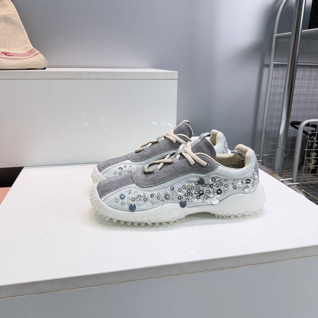 MIUMIU 26S SNEAKERS IN LIGHT GREY FABRIC AND SUEDE CRYSTAL EMBELLISHED