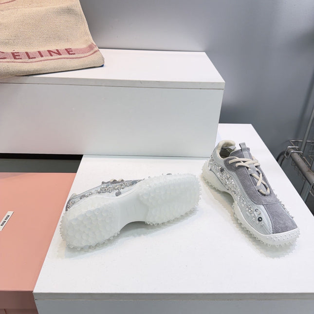 MIUMIU 26S SNEAKERS IN LIGHT GREY FABRIC AND SUEDE CRYSTAL EMBELLISHED