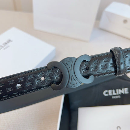 CELINE 25S BELT TRIOMPHE 25MM IN BLACK CALFSKIN DEBOSSED LOGO 563330