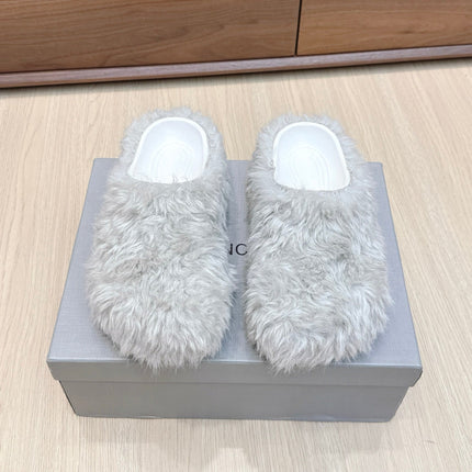 BALENCIAGA 25S MULES IN IVORY WHITE FAUX FUR